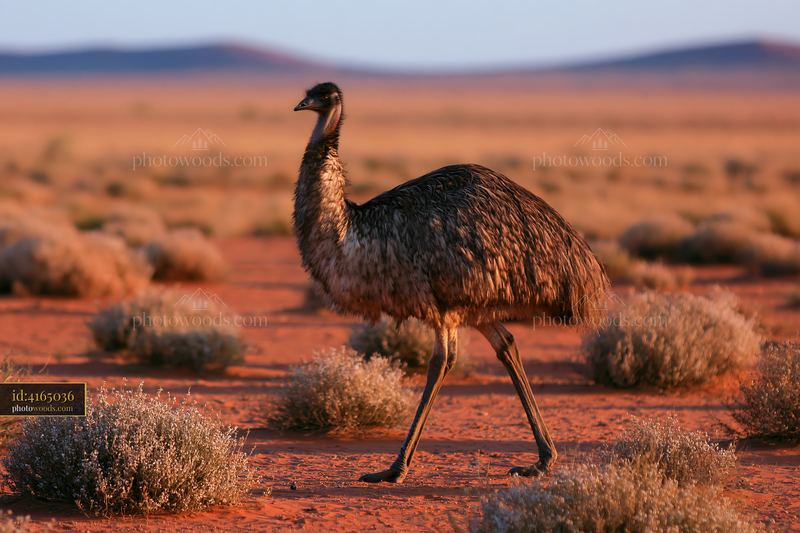 Emu walking across outback plain in warm evening light