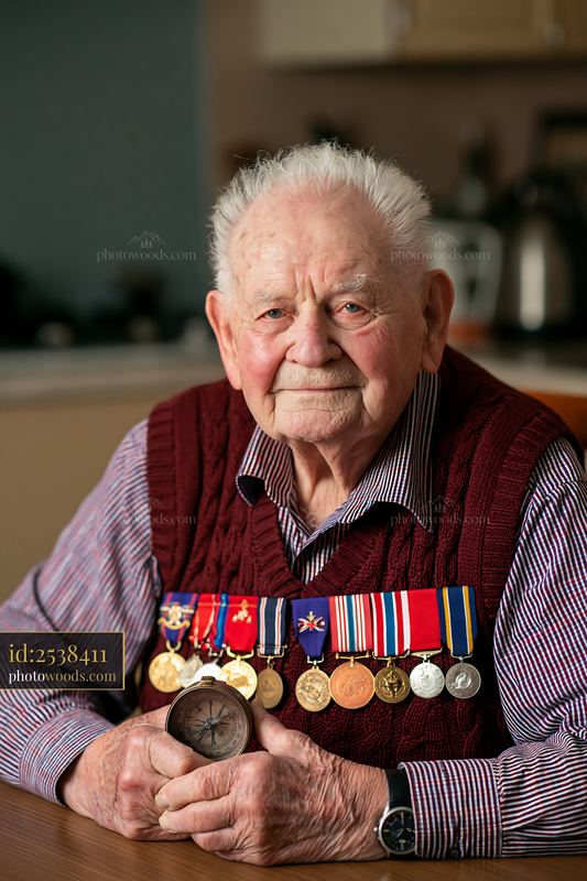 Veteran wearing medals holds a compass during a portrait session