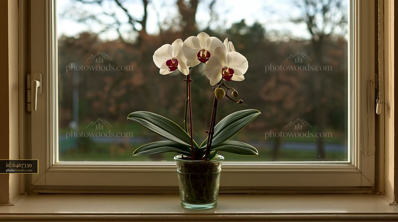 Orchid flower on windowsill with natural lighting