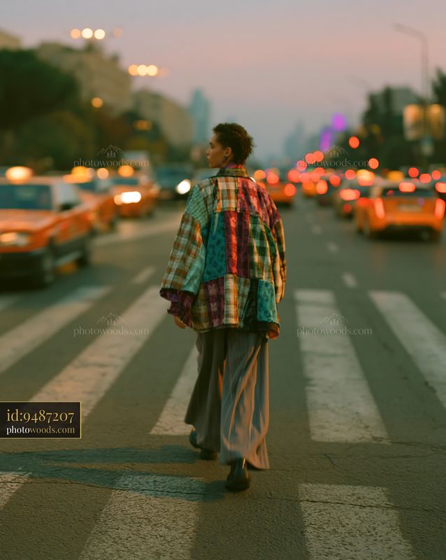 Androgynous Model Walking on City Street at Sunset