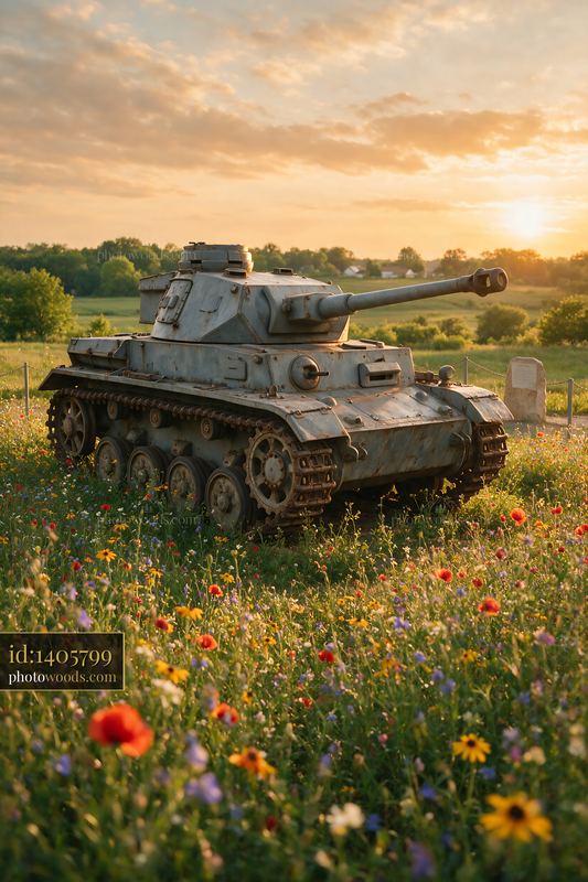 Armored tank display in a wildflower field at sunset