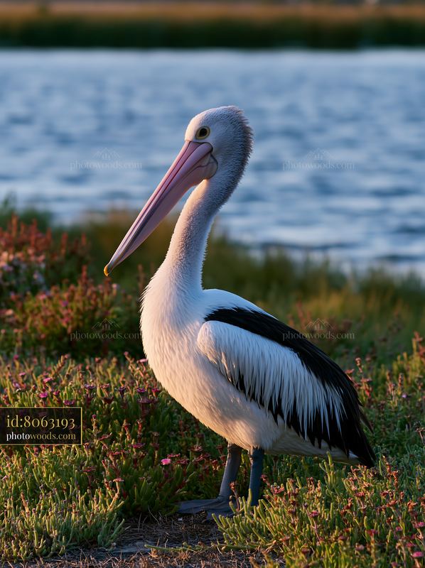 Australian pelican standing among flowering coastal plants beside a calm lagoon.