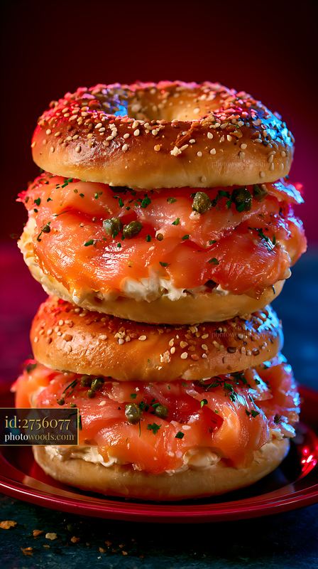 Bagel Stacked With Cream Cheese and Layers of Salmon