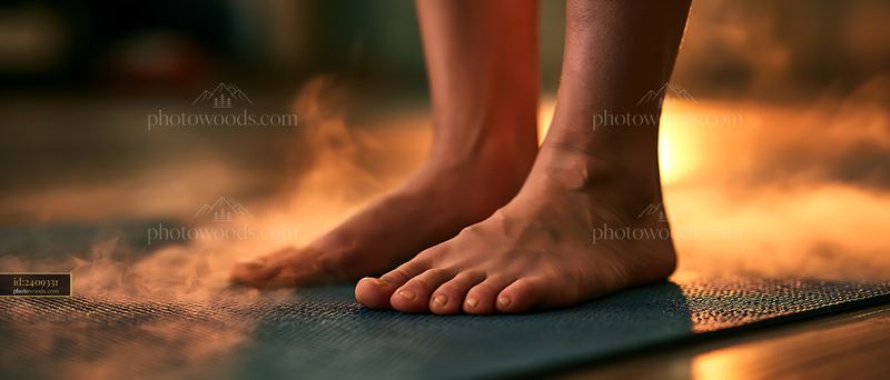 Bare Feet on a Textured Yoga Mat in Warm Light Setting