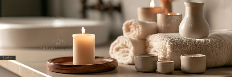 Bath accessories beside glowing candle on wooden tray