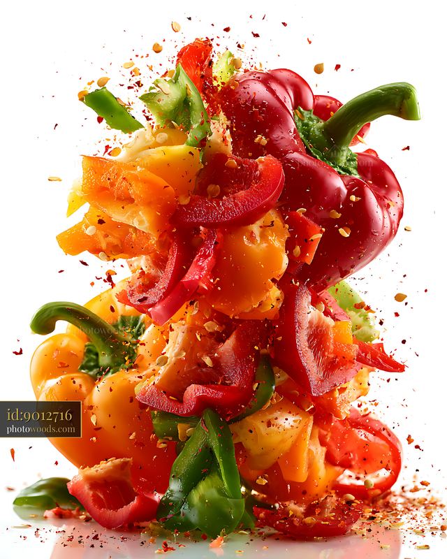 Sliced bell peppers flying in the air with spice dust