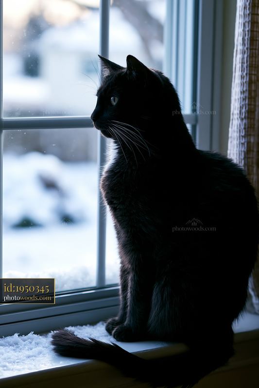 Black cat sitting beside a snowy window