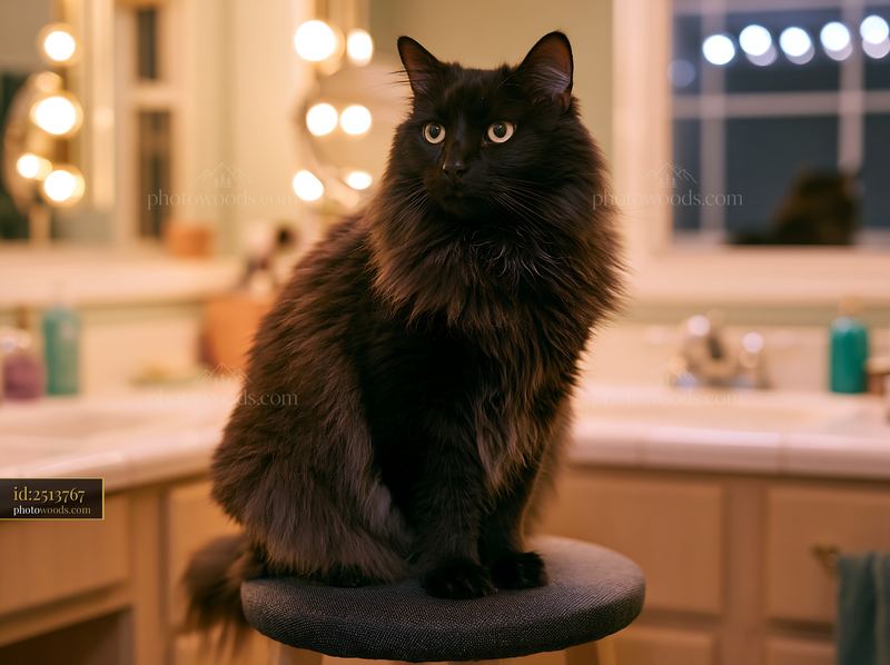 Black long-haired cat sitting indoors on a stool