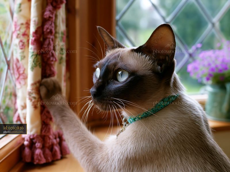 Tonkinese cat portrait by a sunlit window