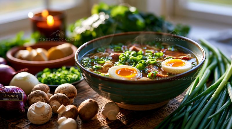 Bowl of Steaming Ramen Topped With Soft Egg and Chashu in Kitchen
