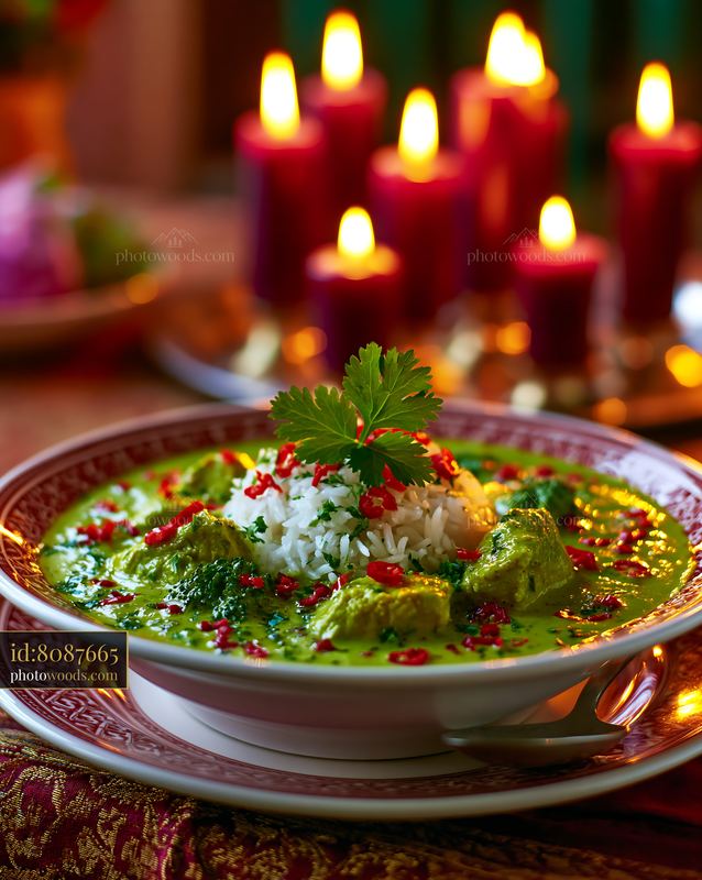 Bowl of Thai Green Curry With Jasmine Rice and Candles