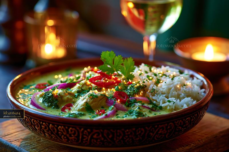 Bowl of Thai Green Curry With Jasmine Rice and Wine Candlelight