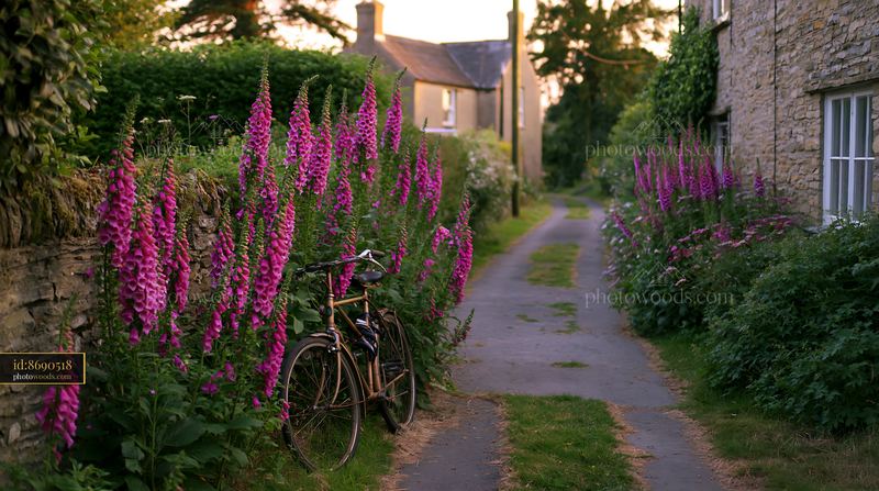 Foxglove flowers bloom alongside a country cottage path