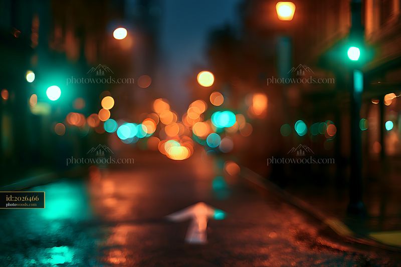 Nighttime street scene with blurred lights and reflections