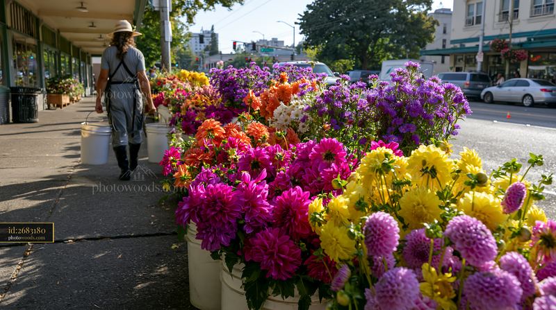 Mixed seasonal flowers at farmers market line the sidewalk