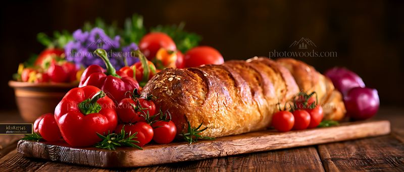 Fresh baked bread with vegetables on a wooden table
