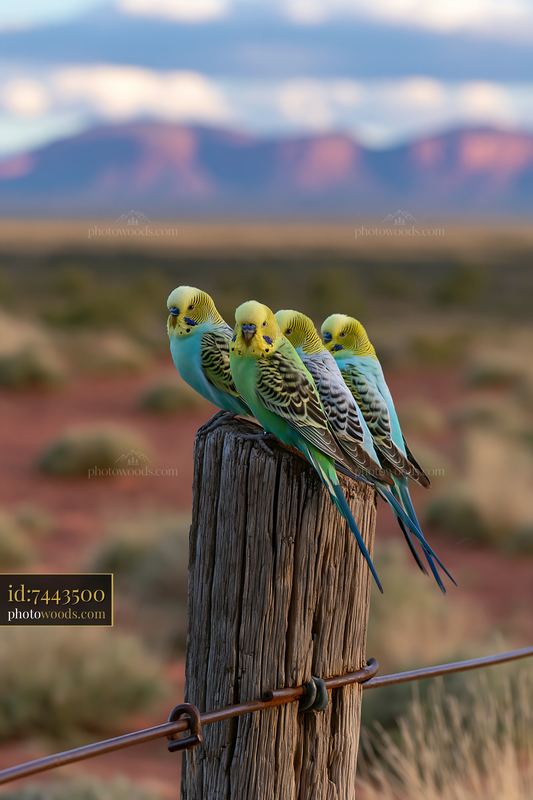 Budgerigar flock perched on wooden post in desert landscape