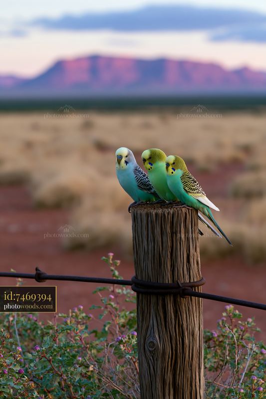 Budgerigars on a post in a desert landscape at sunset