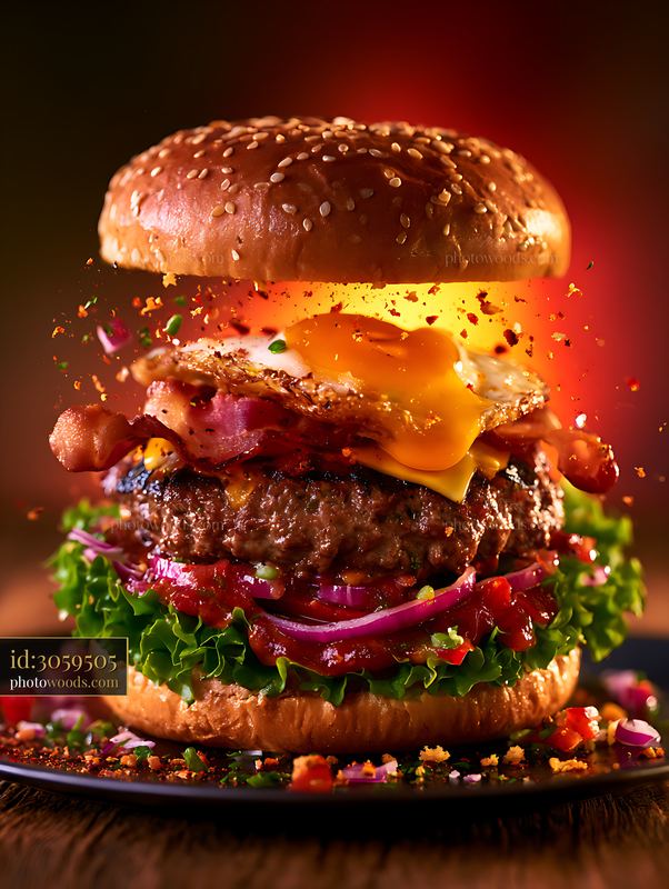 Burger With Fried Egg and Crispy Bacon With Flames in the Background