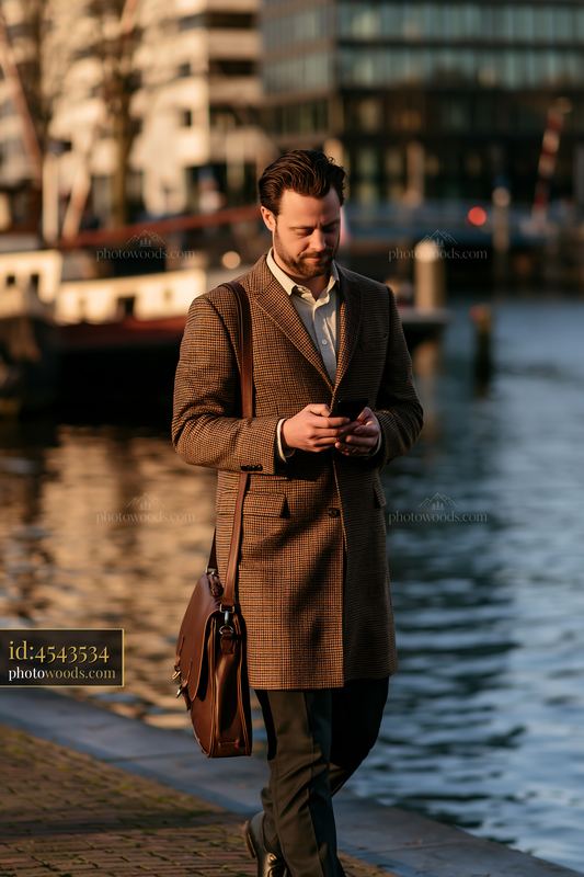 Businessman walking outdoors with laptop bag and smartphone