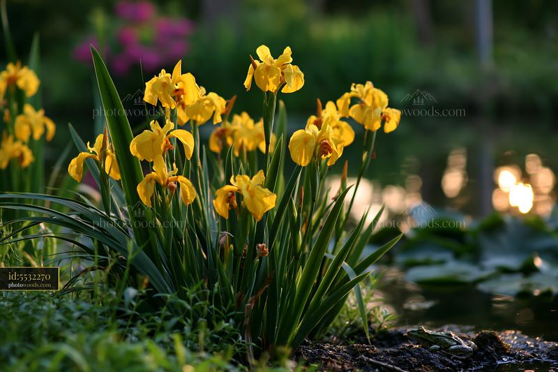Canna lily flowers bloom beside a tranquil pond