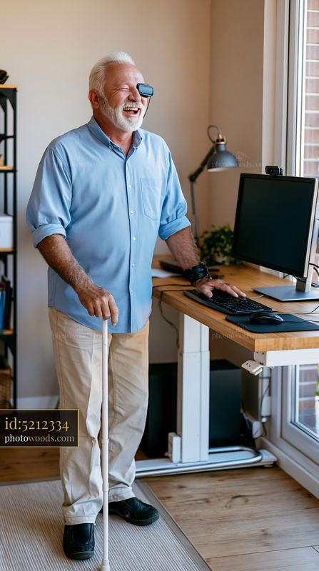 Cheerful Older Man With White Cane Laughing in a Home Office