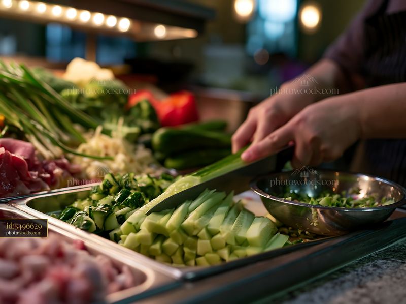 Chef slicing cucumber at a sushi preparation counter