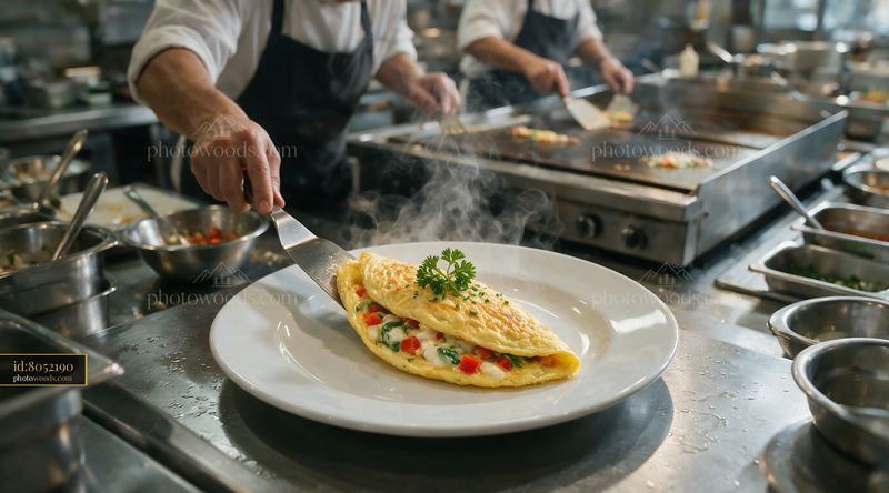 Omelet buffet station in a busy kitchen with chefs preparing meals