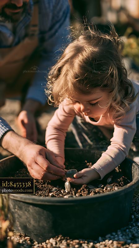 Parent and child planting seeds in a garden container