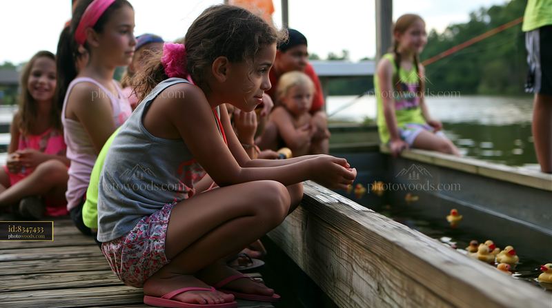 Children participating in duck fishing game at lakeside