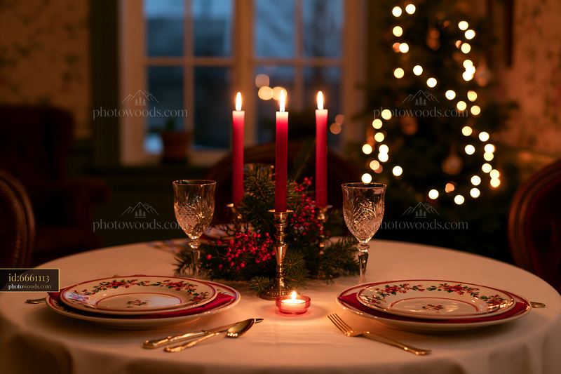 Christmas table centerpiece with candles and copy space