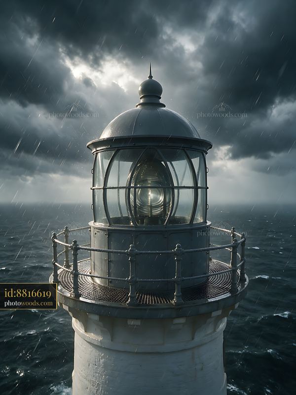 Lighthouse lantern room above a stormy sea