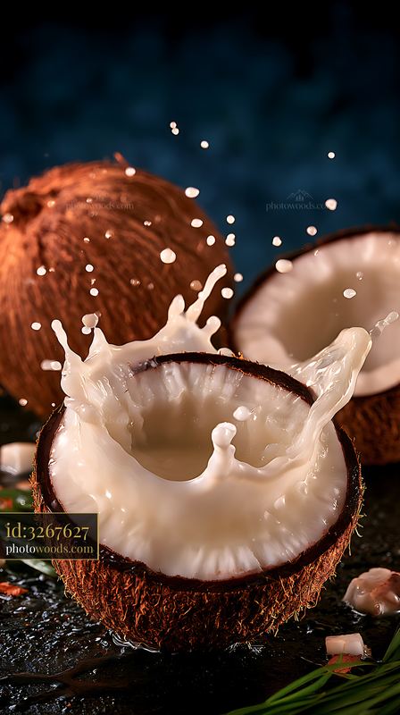 Coconut Water Splashing From Fresh Coconuts on Dark Background