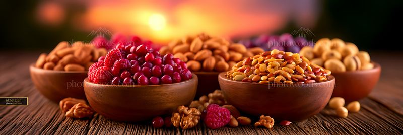 Variety of nuts and dried fruits in bowls on wooden table