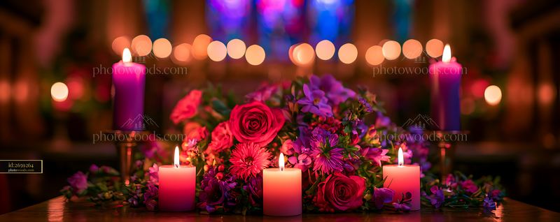 Flowers and candles arranged on a table in a church setting