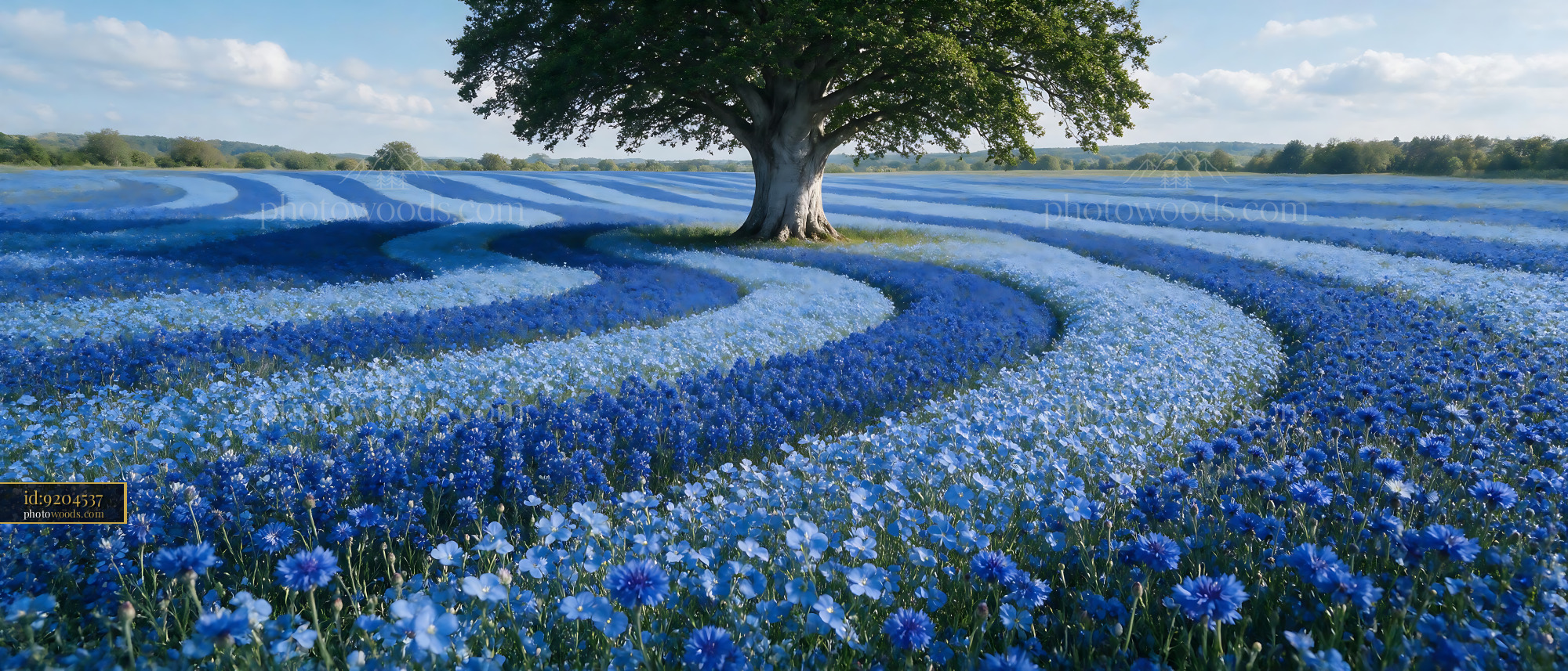 Cornflower Fields With Tree Under Blue Sky in Spring