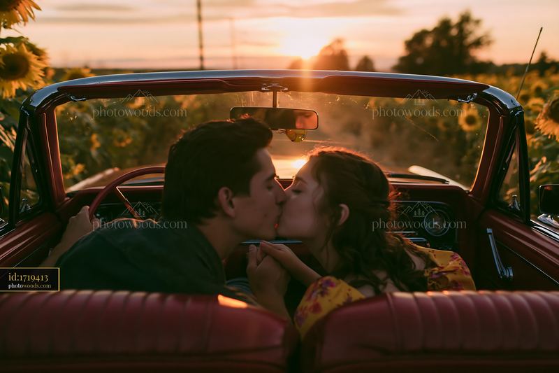 Couple kissing inside a vintage convertible at sunset