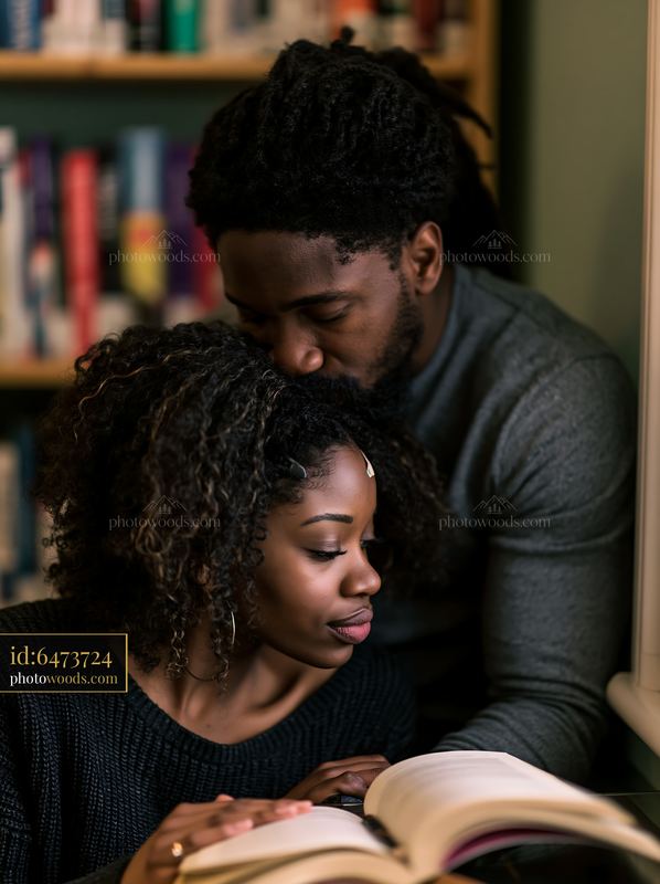 Kiss on forehead between partners in a library setting