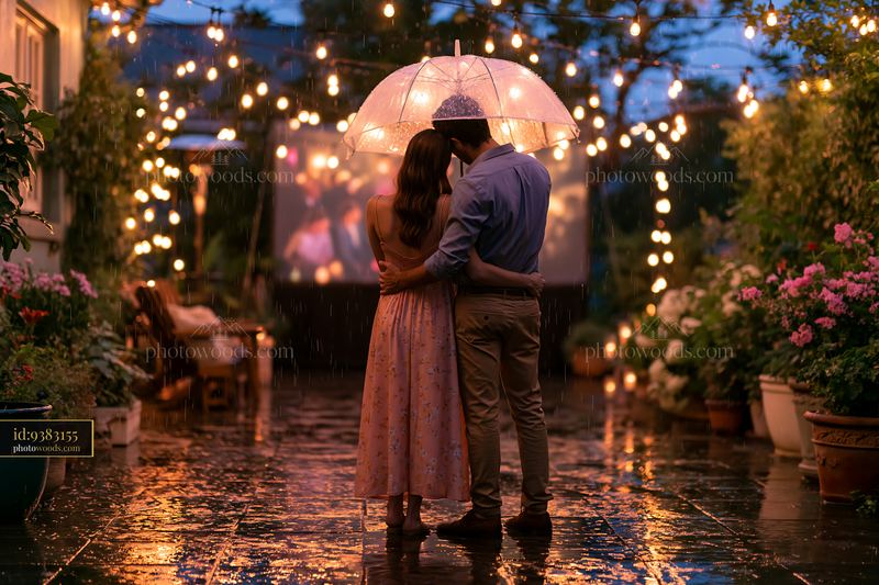 Couple under umbrella watching an outdoor movie in the rain
