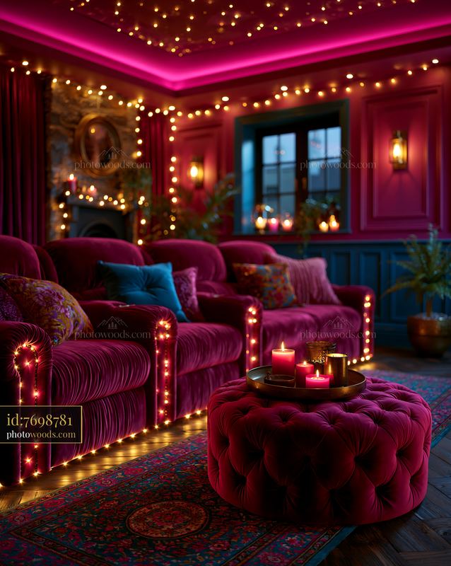 Cozy Screening Room With Vibrant Decor and Ambient Lighting
