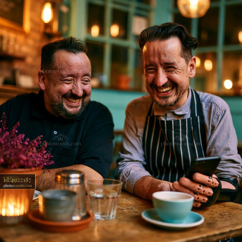 Craftsman and Friend Smiling Together in Caf? Setting