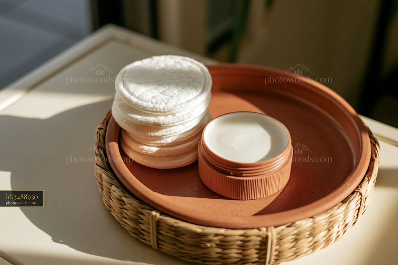 Cream dose beside cotton pads on a woven tray