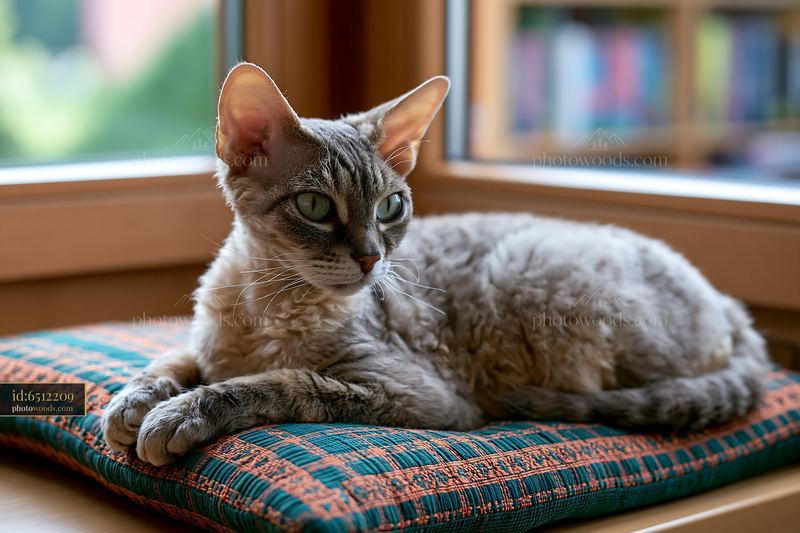 German Rex cat resting on a colorful cushion by a window