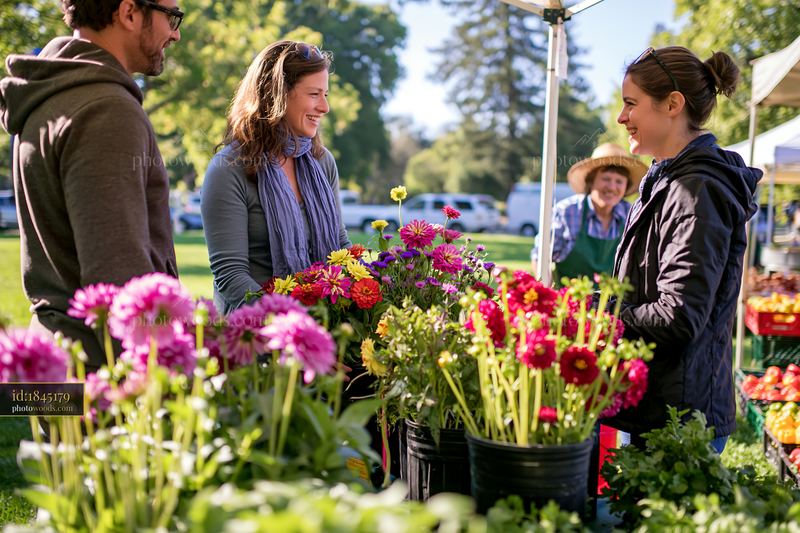 Mixed seasonal flowers at farmers market in a sunny outdoor setting