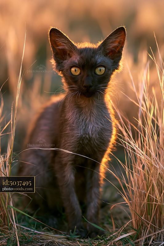 Lykoi cat portrait in tall grass at golden hour