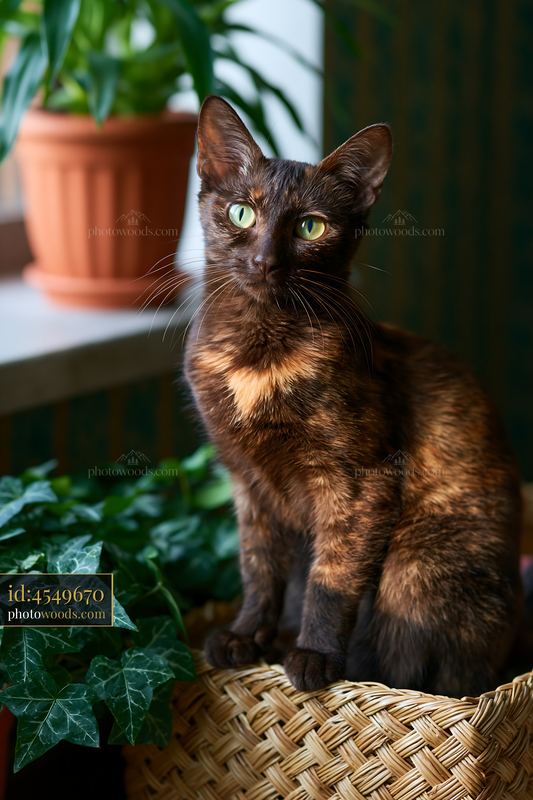 Dwelf cat portrait with green eyes in a wicker basket