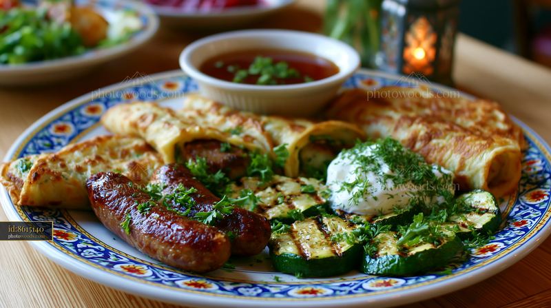 Breakfast plate with sausage, vegetables, and savory pastries