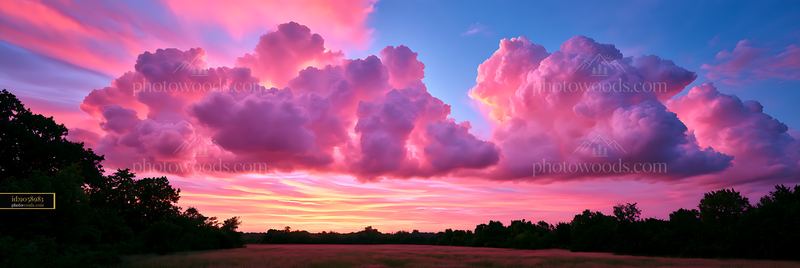 Dramatic Pink Cauliflower Cumulus Clouds at Sunset Over a Field