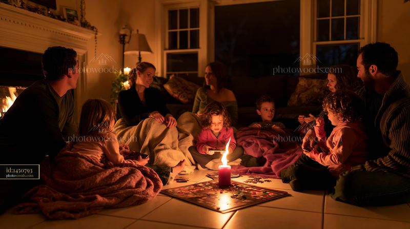 Family playing a board game by a fireplace