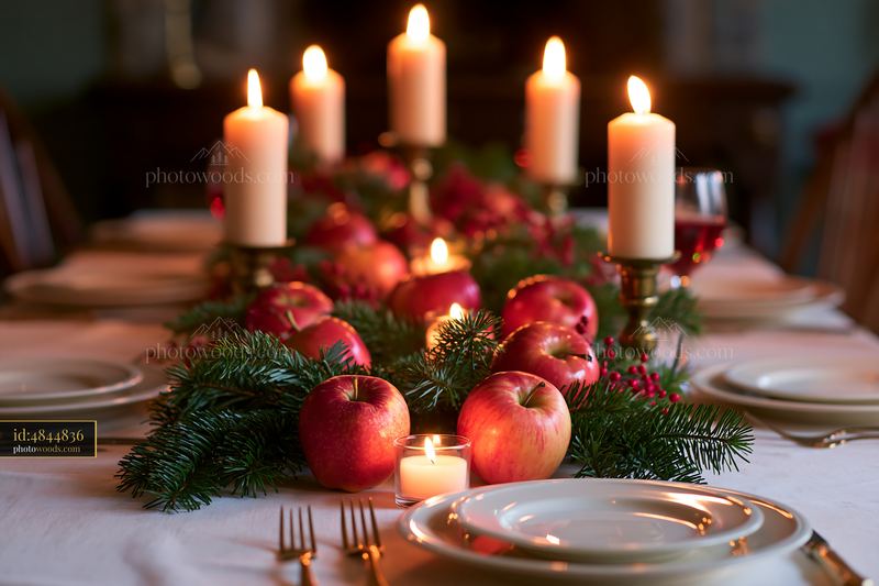 Christmas table centerpiece with candles, apples, and evergreen